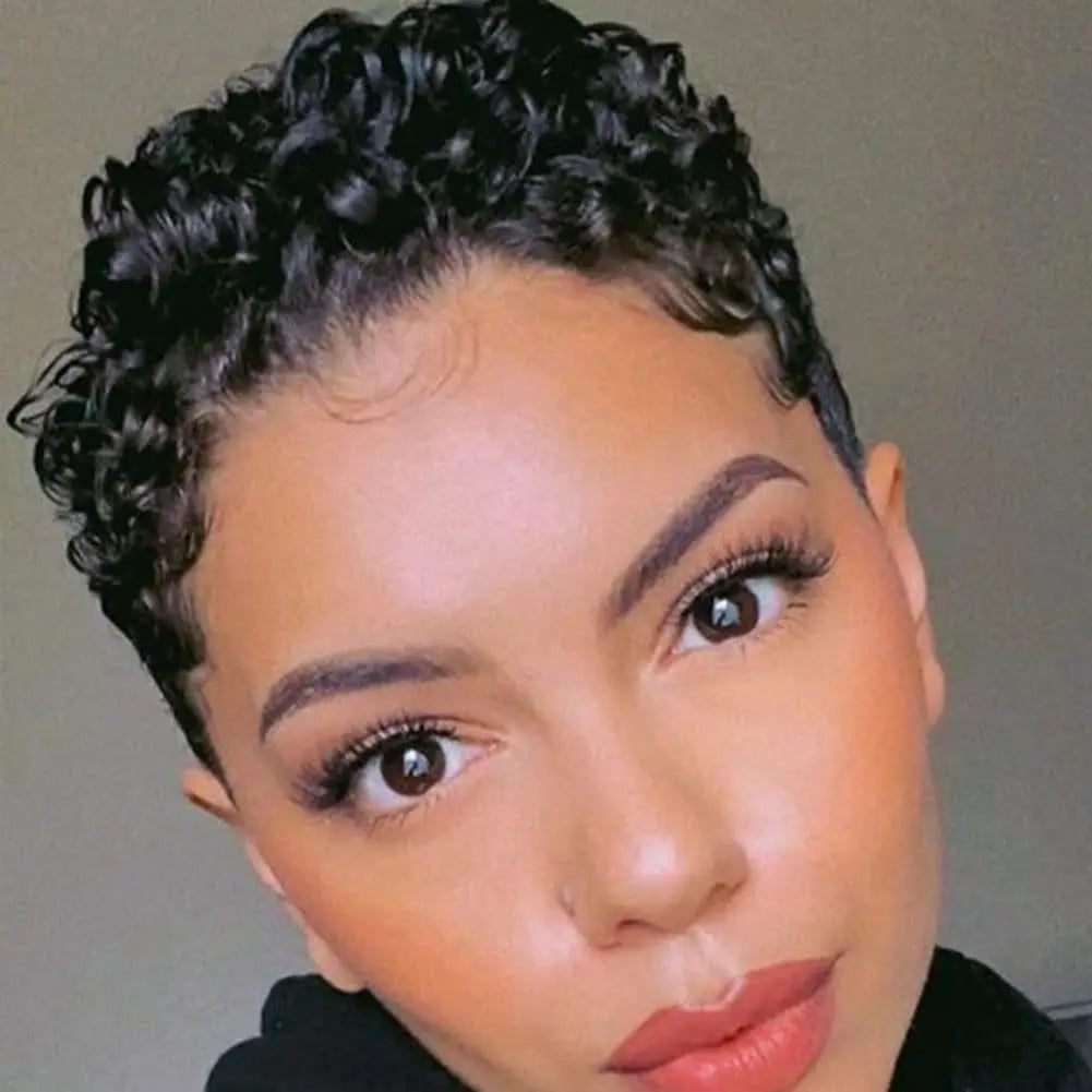 Short curly wig styled on a model
