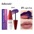 Lip stain shade shown on lips beside its tube and packaging