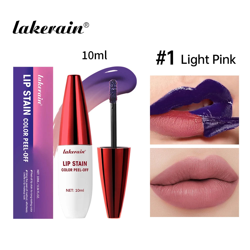 Lip stain shade shown on lips beside its tube and packaging