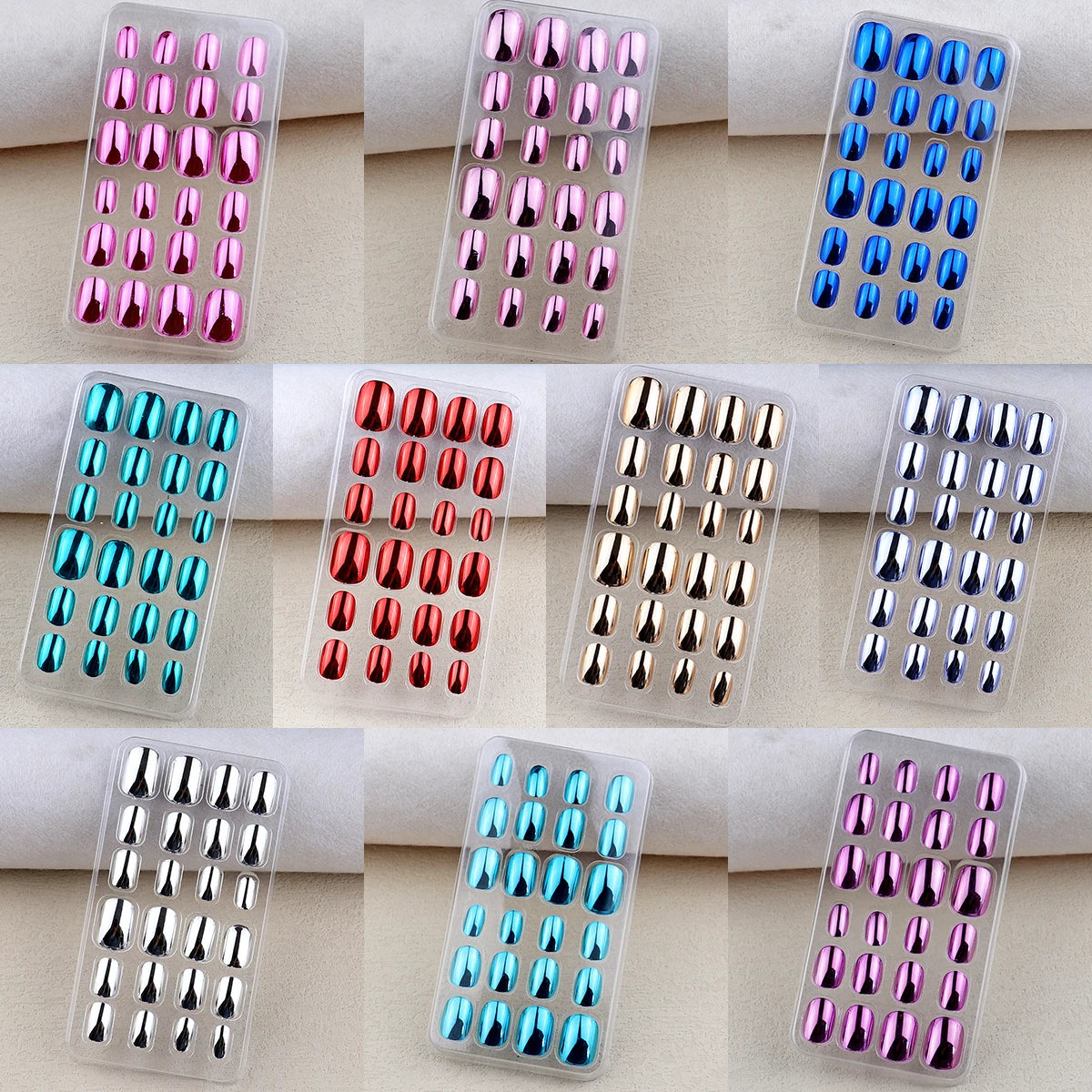 Chrome press-on nail sets in assorted colors