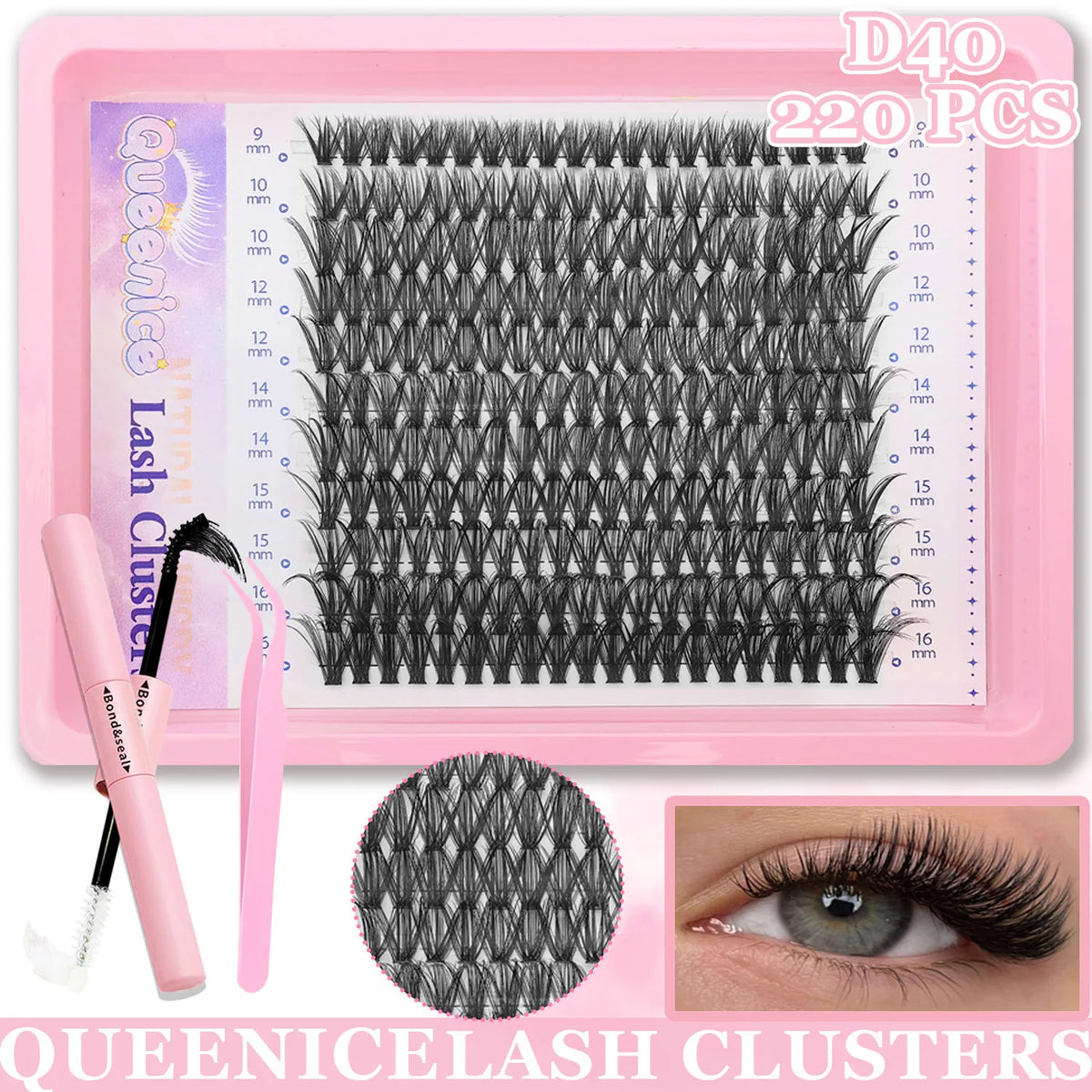 False eyelash clusters in trays with lash application examples