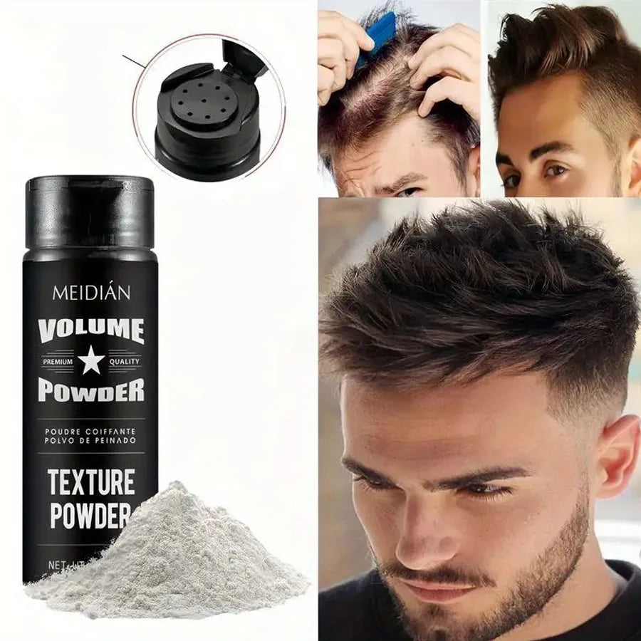 Hair styling powder with hairstyle and application graphics