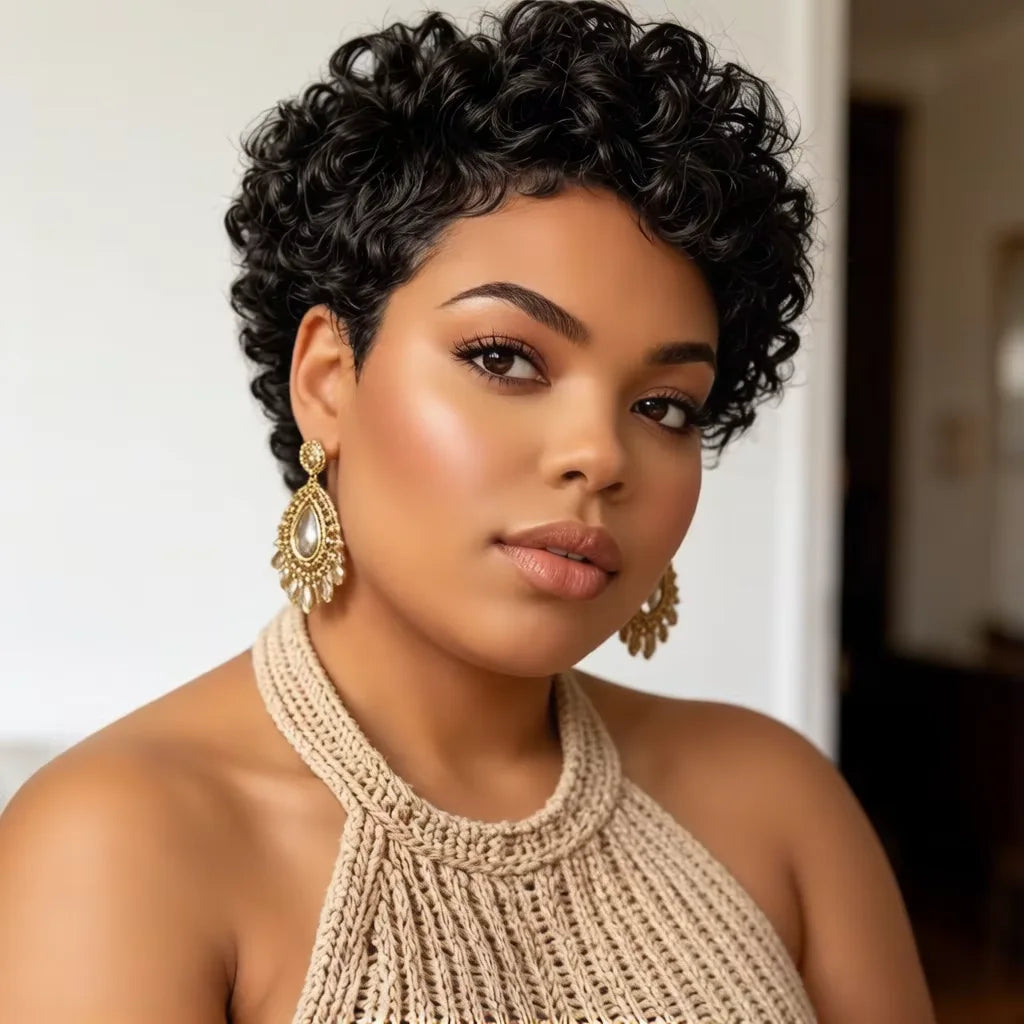 Short curly wig styled on a model