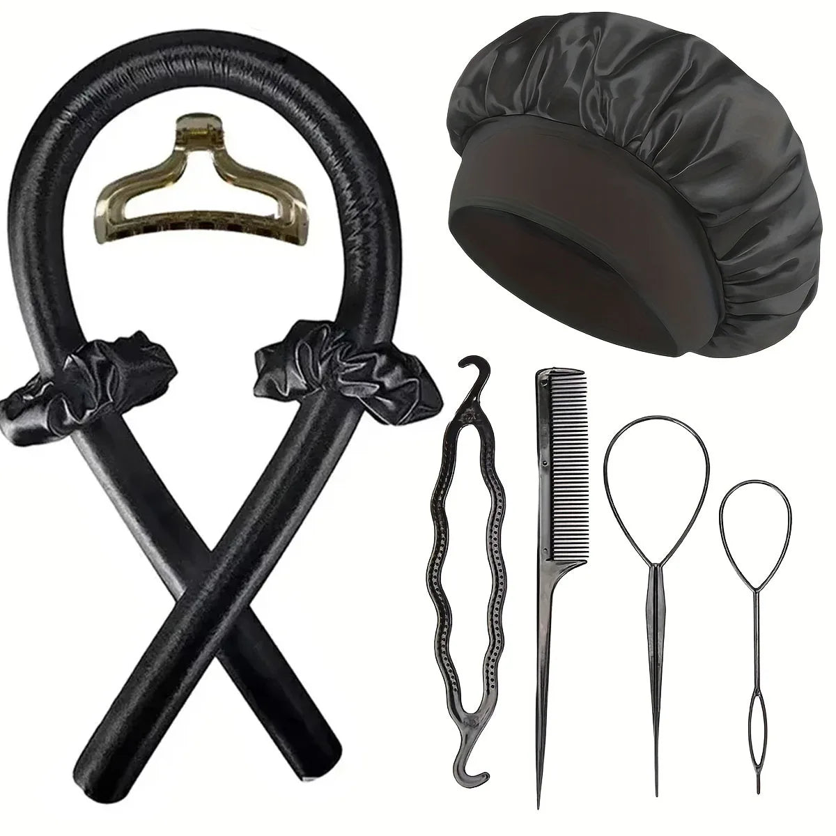 Heatless curling rod set with bonnet and styling accessories