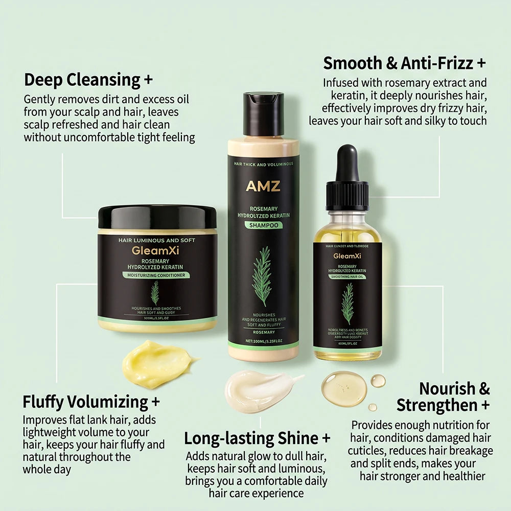 Rosemary hair care products with ingredient and use illustrations