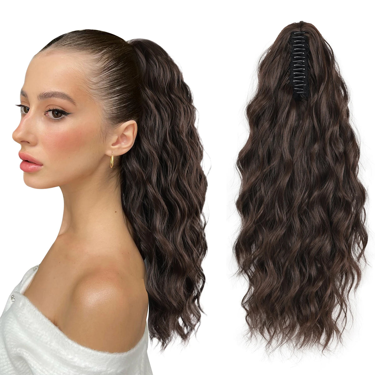 Wavy ponytail extension shown beside a styled ponytail
