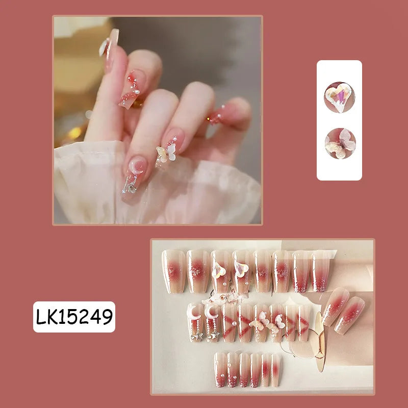 Press-on nail set with manicure example and shade samples