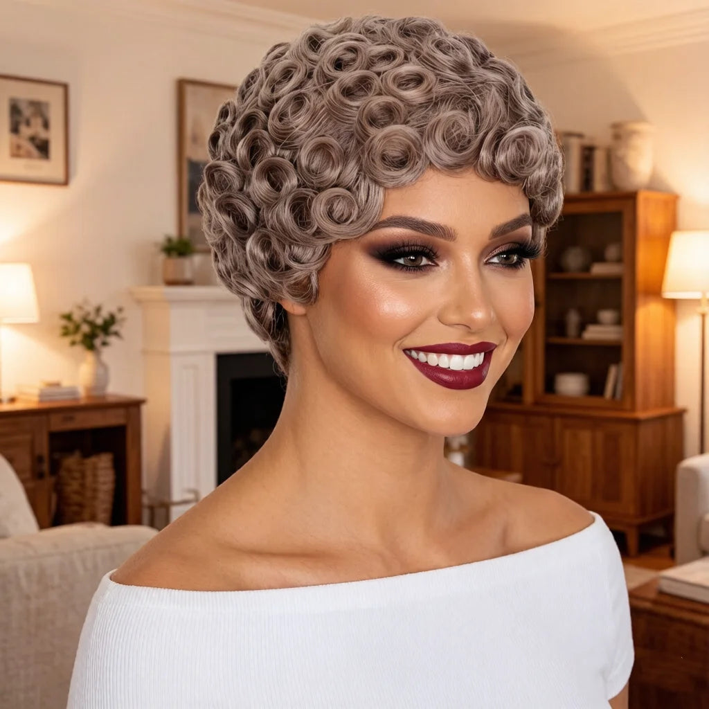 Short curly wig styled on a model