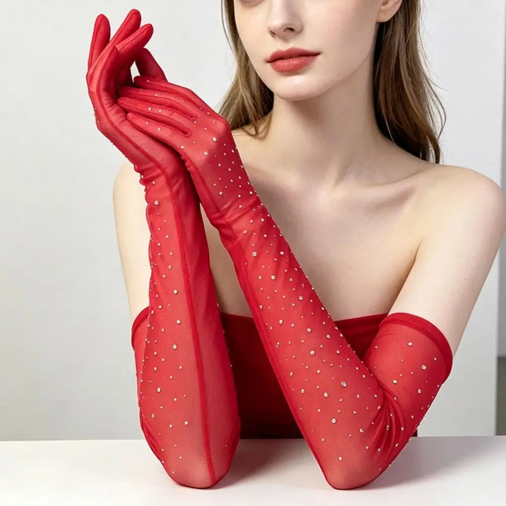 Elbow Length Full Finger Rhinestone Statement Gloves