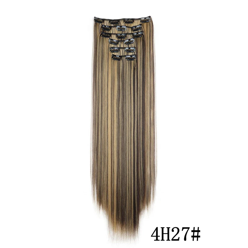 Straight clip-in hair extension with visible attachment clips