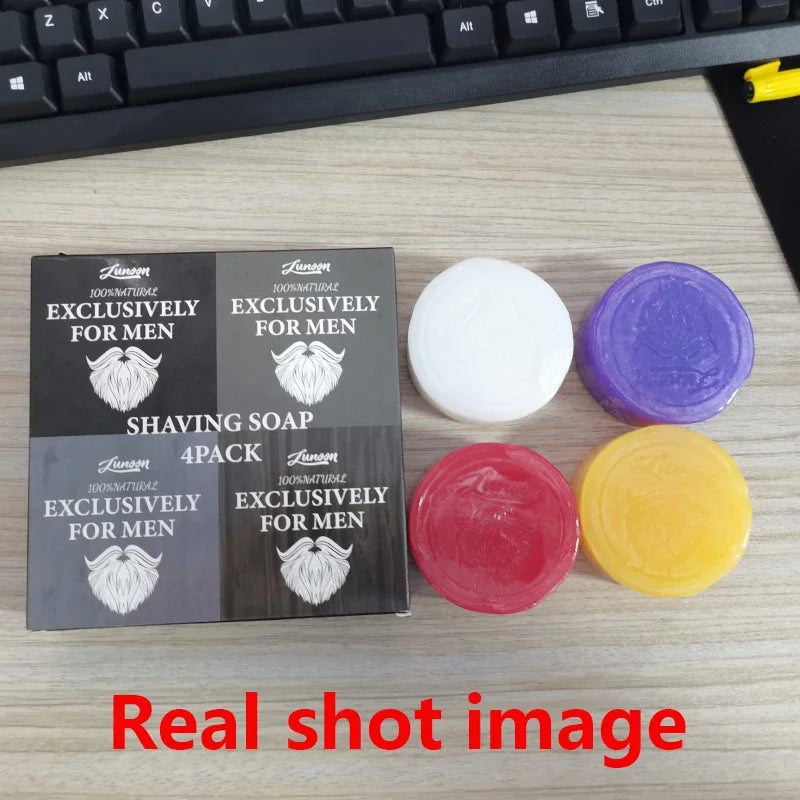 Shaving soap color options with product and application examples