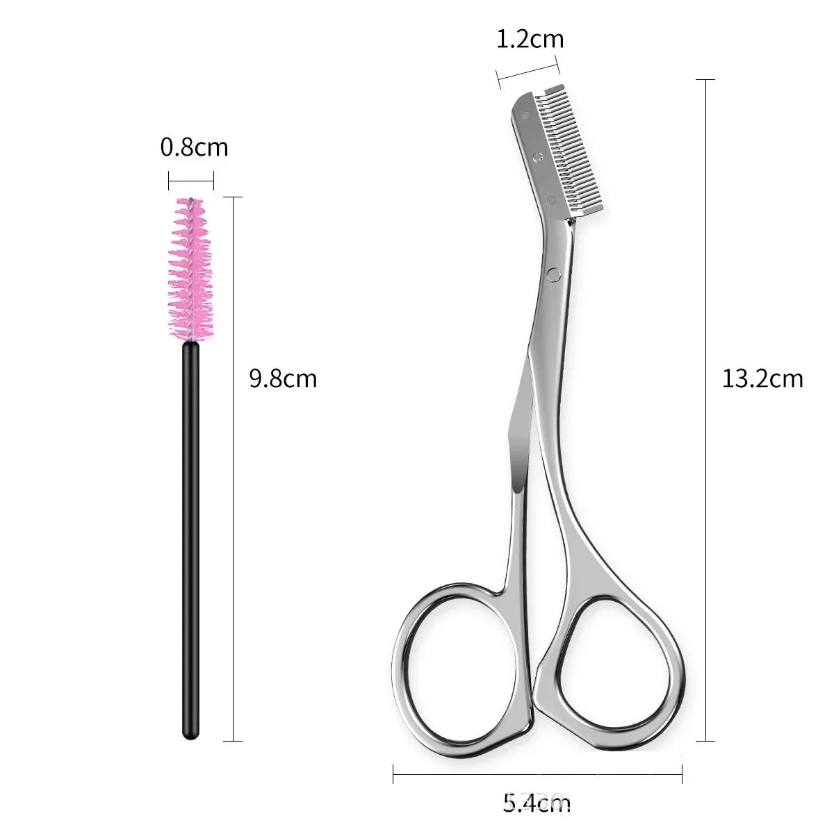 Eyebrow scissors and spoolie brush with dimensions