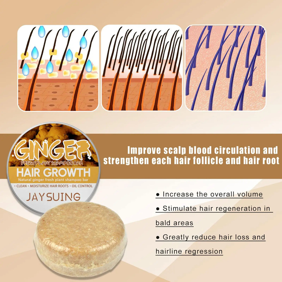 Ginger shampoo bar with hair care and application graphics