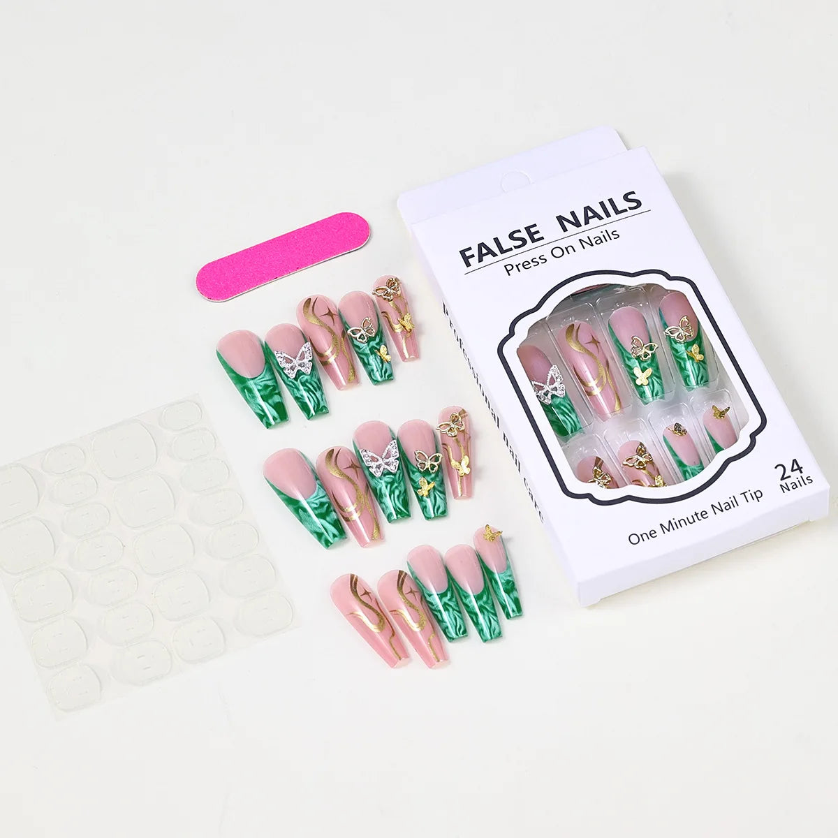 Green decorated press-on nails with set contents and design details