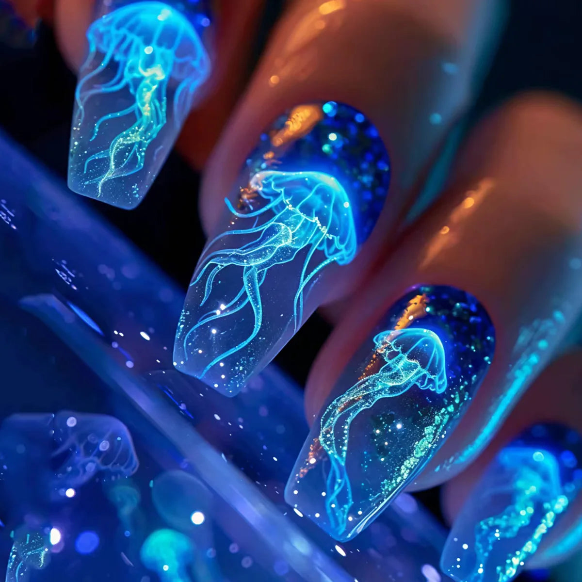 Bright jellyfish nail artwork shown on hands against a dark background
