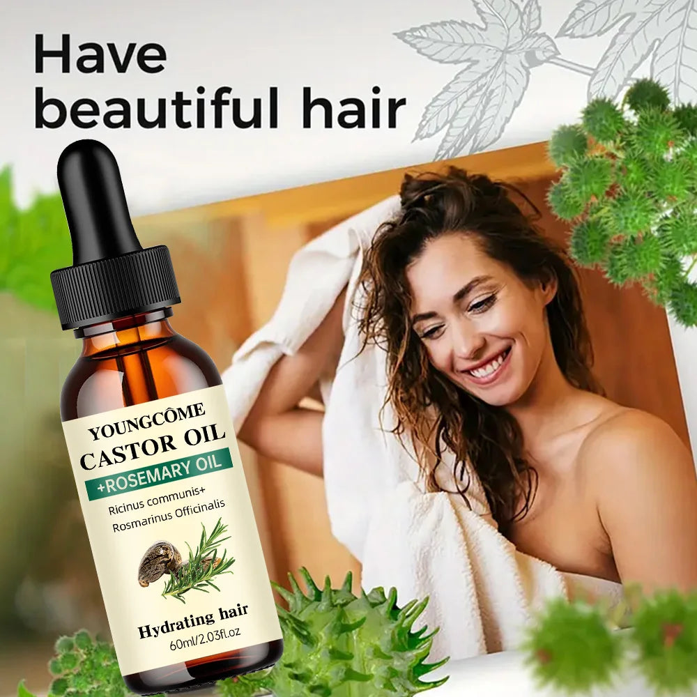 Castor and rosemary hair oil with ingredient and use illustrations