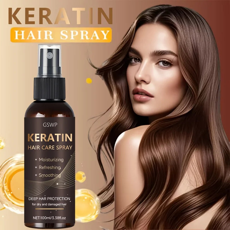 Keratin hair spray with hair care and application illustrations