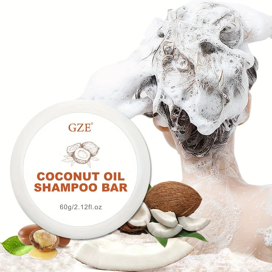 Coconut oil shampoo bar with hair and ingredient graphics