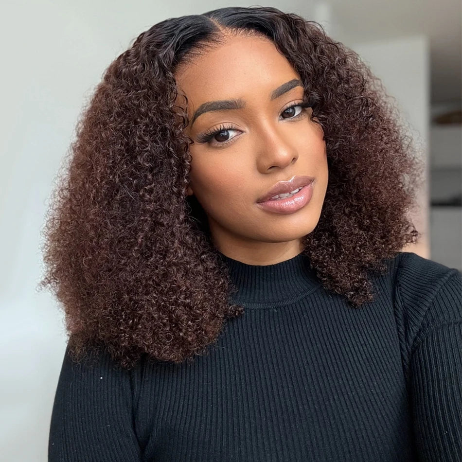 Shoulder-length curly wig shown on a model
