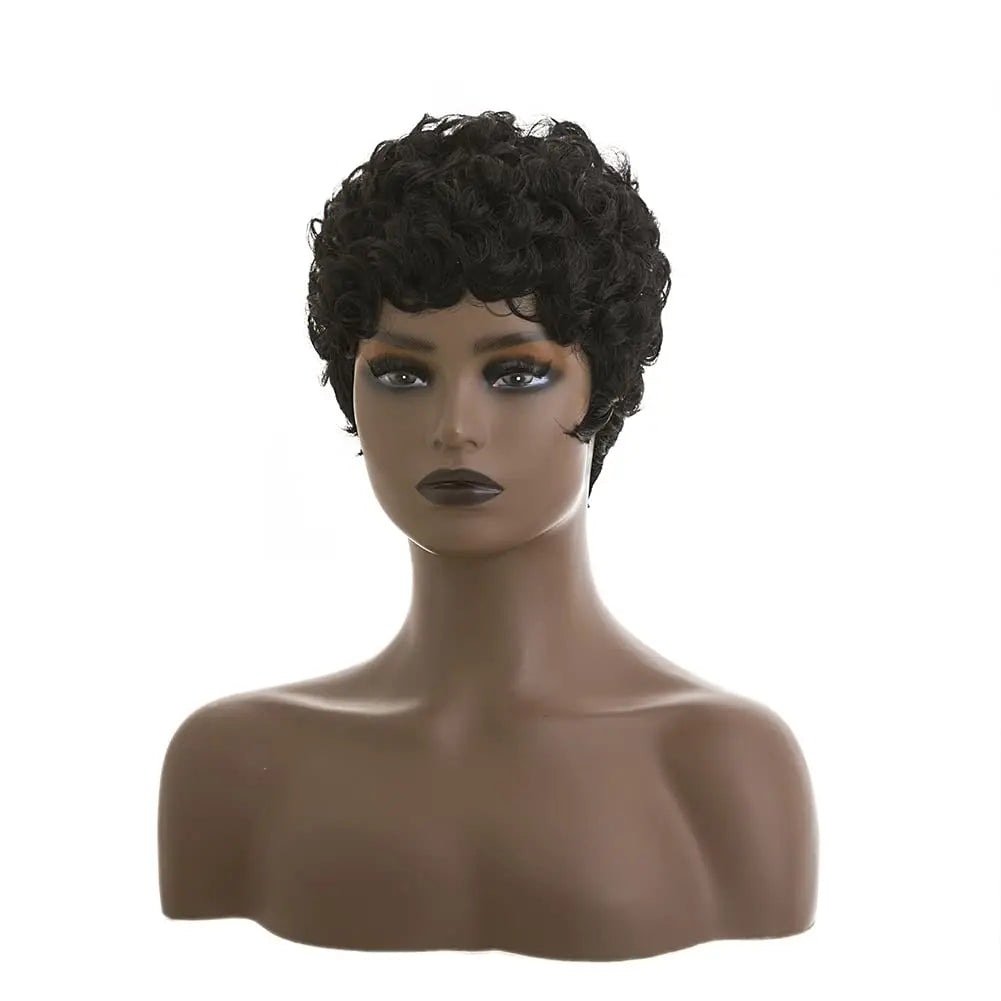 Short curly wig shown on a mannequin from different angles