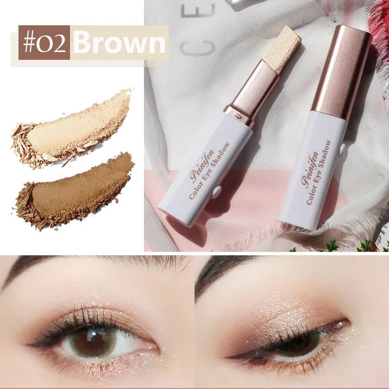 Dual-color eyeshadow stick with swatches and eye makeup example