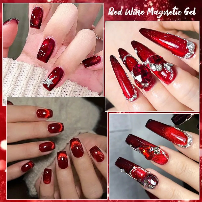 Red magnetic gel nail polish with painted nail examples and product details