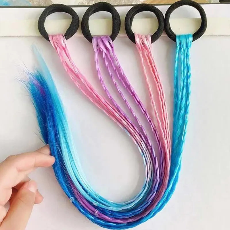 Colorful braided ponytail extensions with hair ties and styling examples