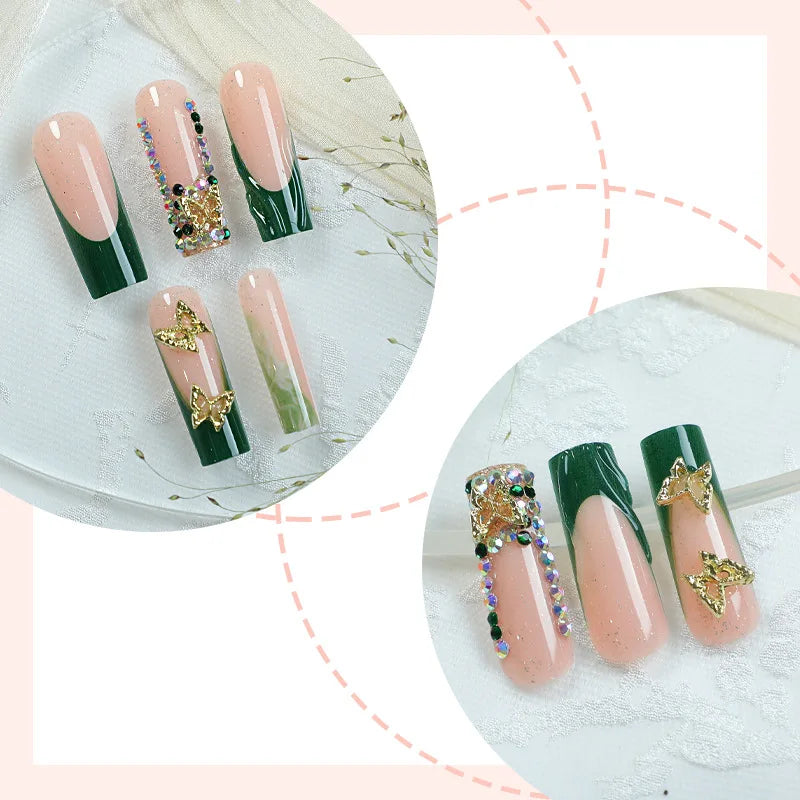 Green and gold press-on nails arranged with set contents