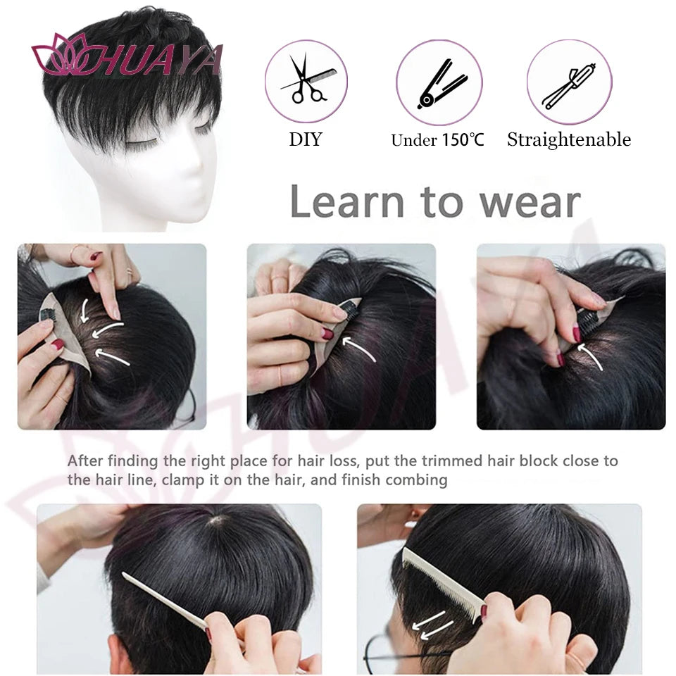 Short dark hair topper with styling and application examples