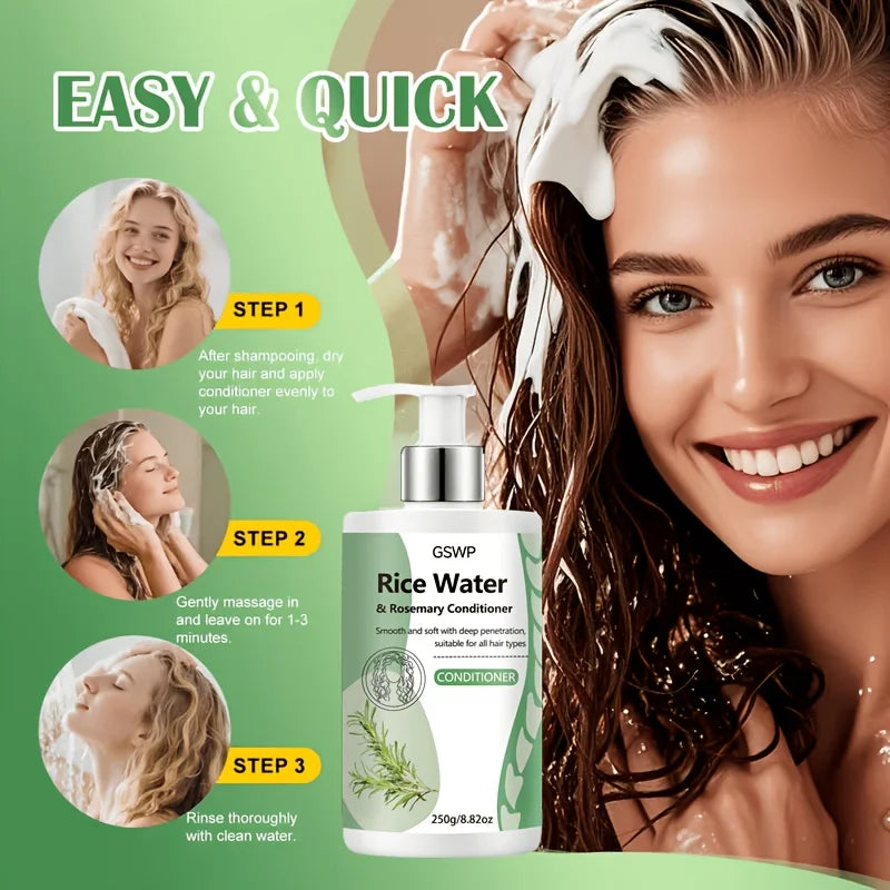 Rice water conditioner with hair care and ingredient illustrations