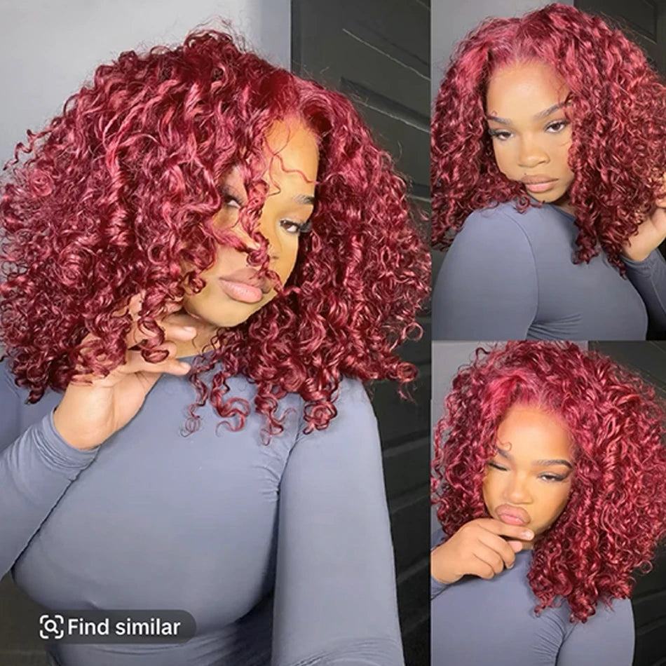 Shoulder-length curly wig shown on a model