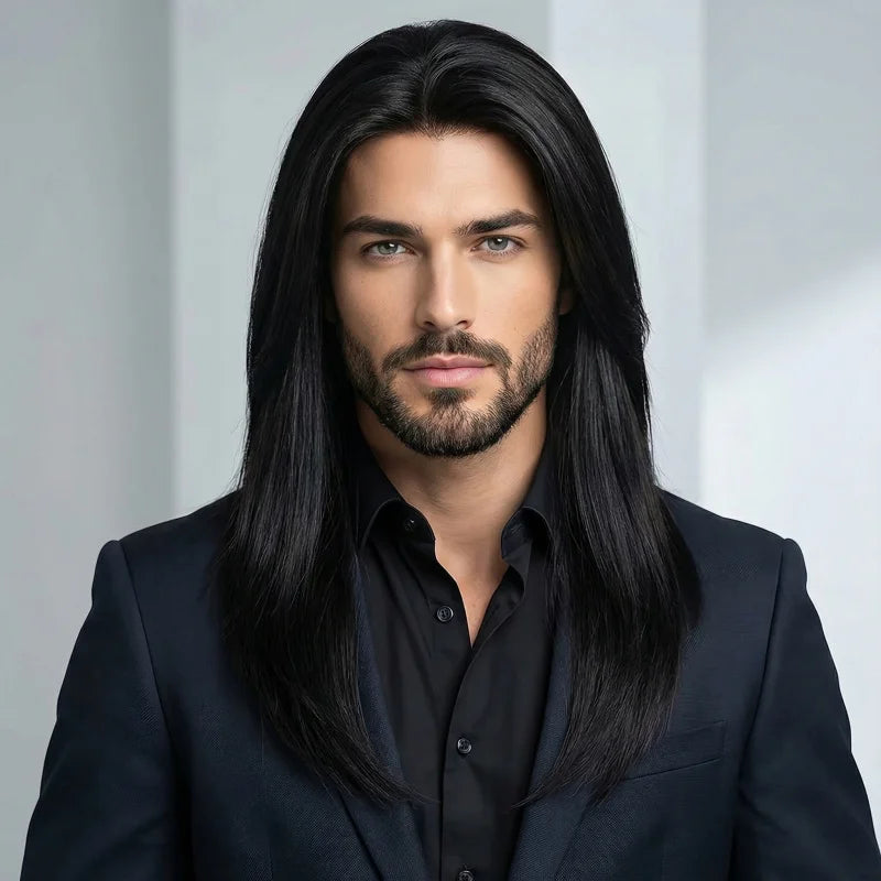Long straight dark wig shown on a model or mannequin