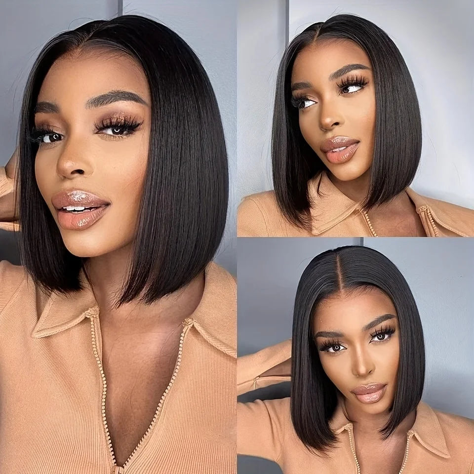Straight dark bob wig with styling and hairline details