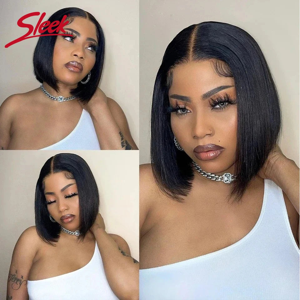 Straight dark bob wig with styling and hairline details
