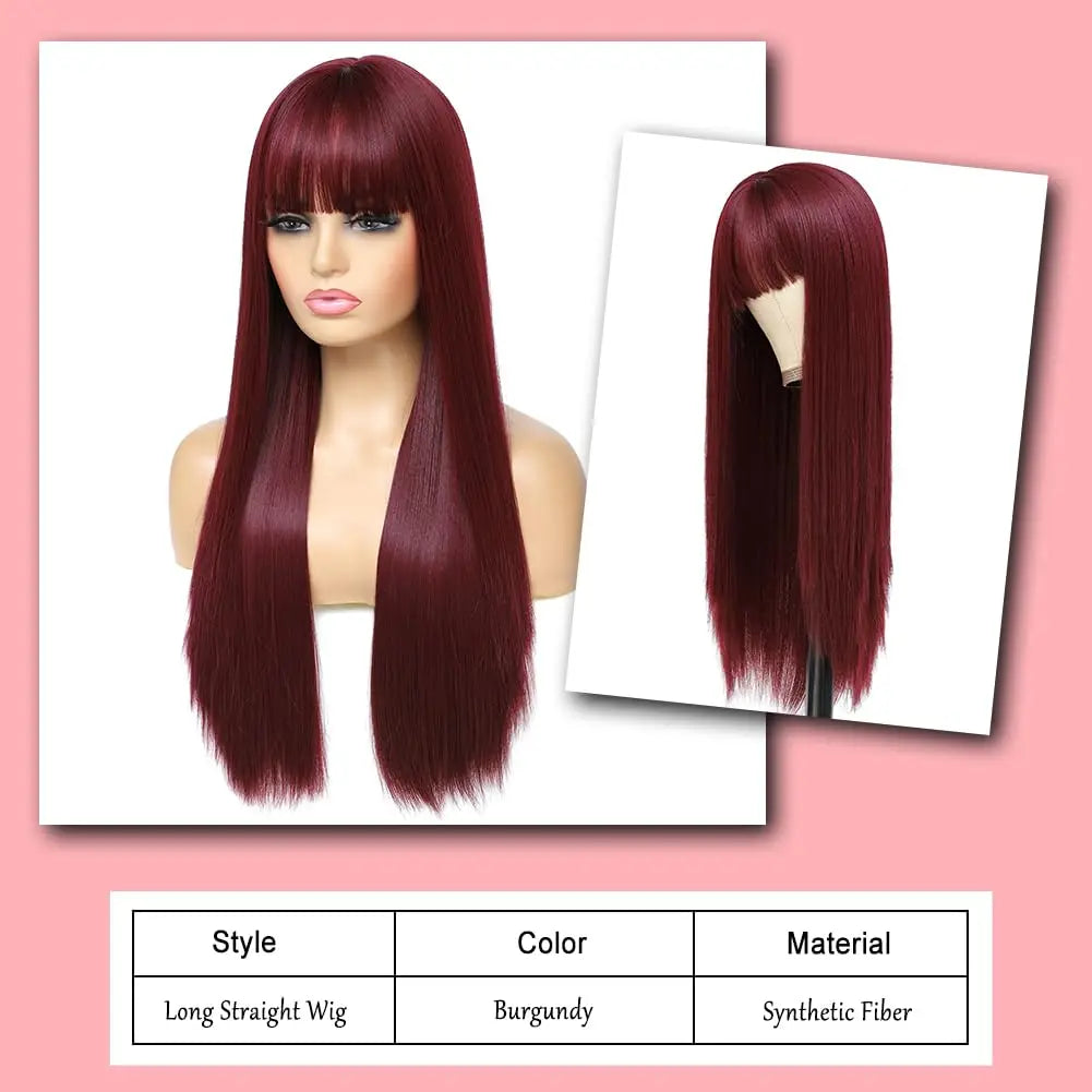 Long straight wig with bangs and styling examples
