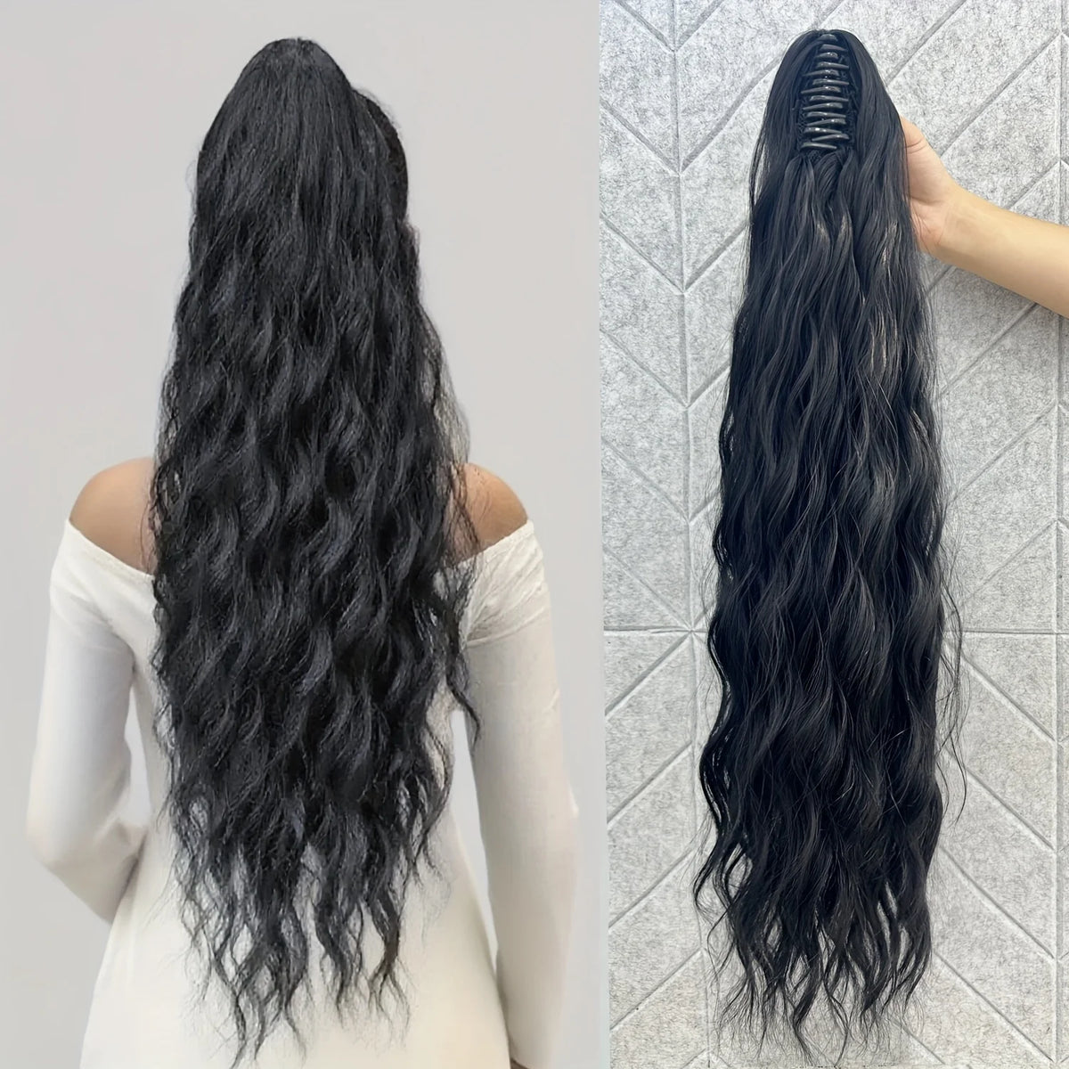 Long wavy ponytail extension with hairstyle and back views