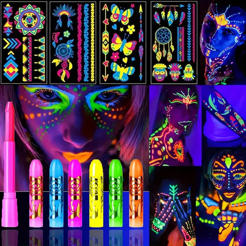 Bright face and body paint with UV-light application examples
