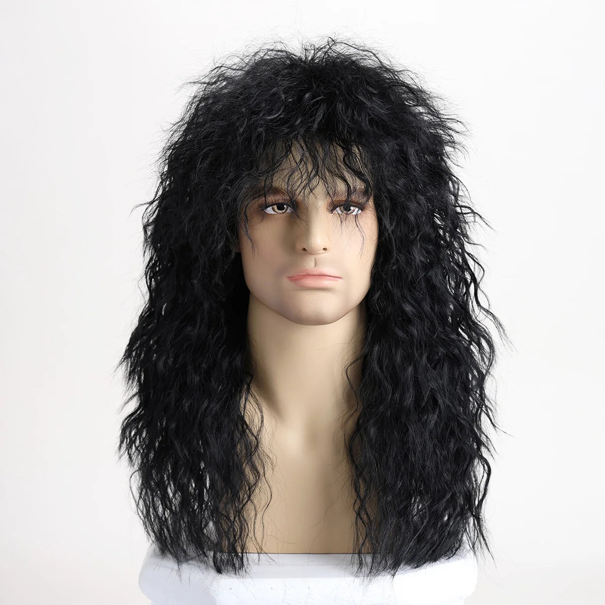 Long dark rocker wig with hairstyle examples
