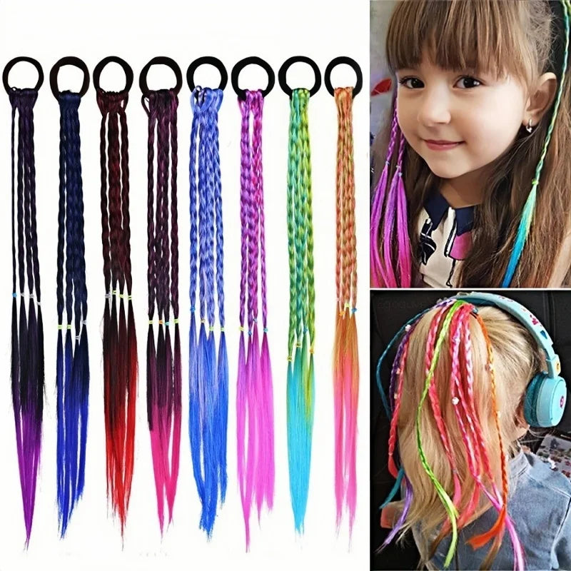 Colorful braided ponytail extensions with hair ties and styling examples