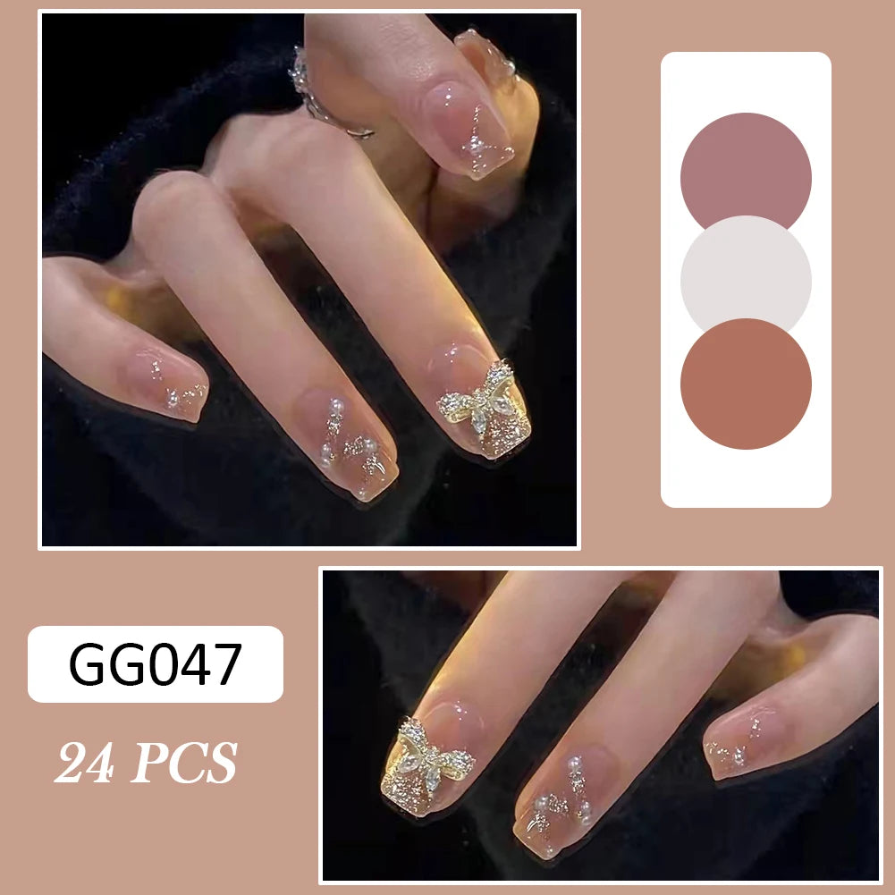 Press-on nail set with manicure example and shade samples