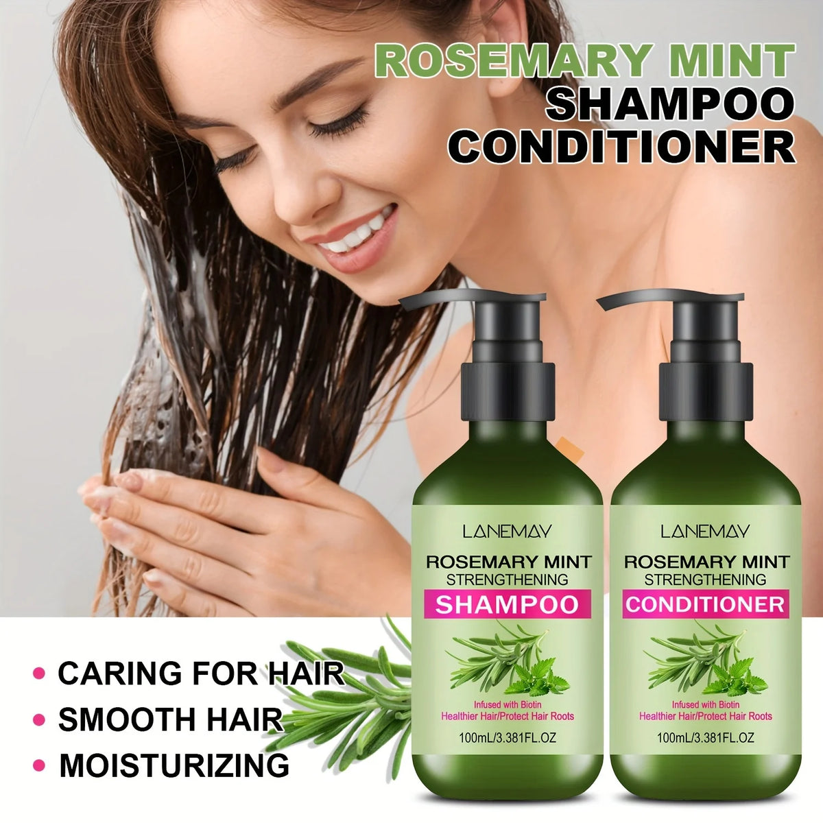 Rosemary mint shampoo and conditioner with hair washing and ingredient illustrations