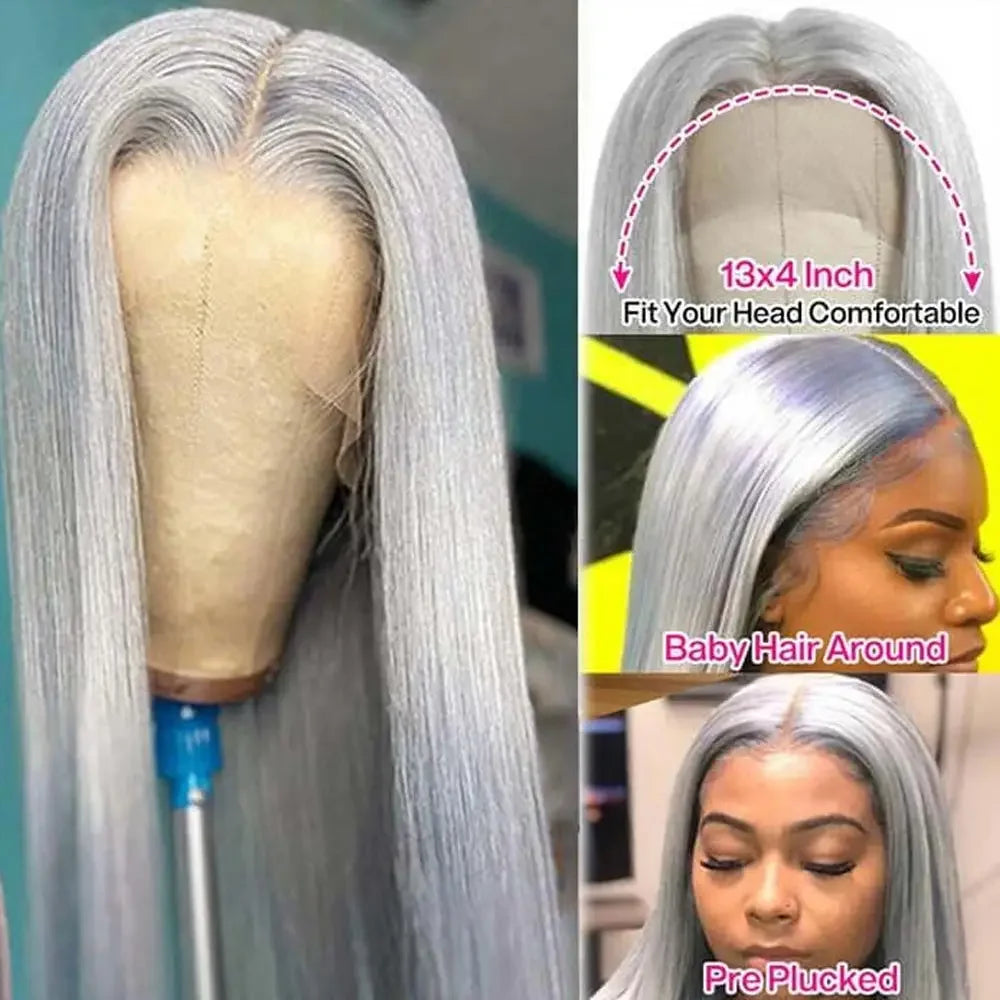 Long silver-gray straight wig with hairstyle and hairline views