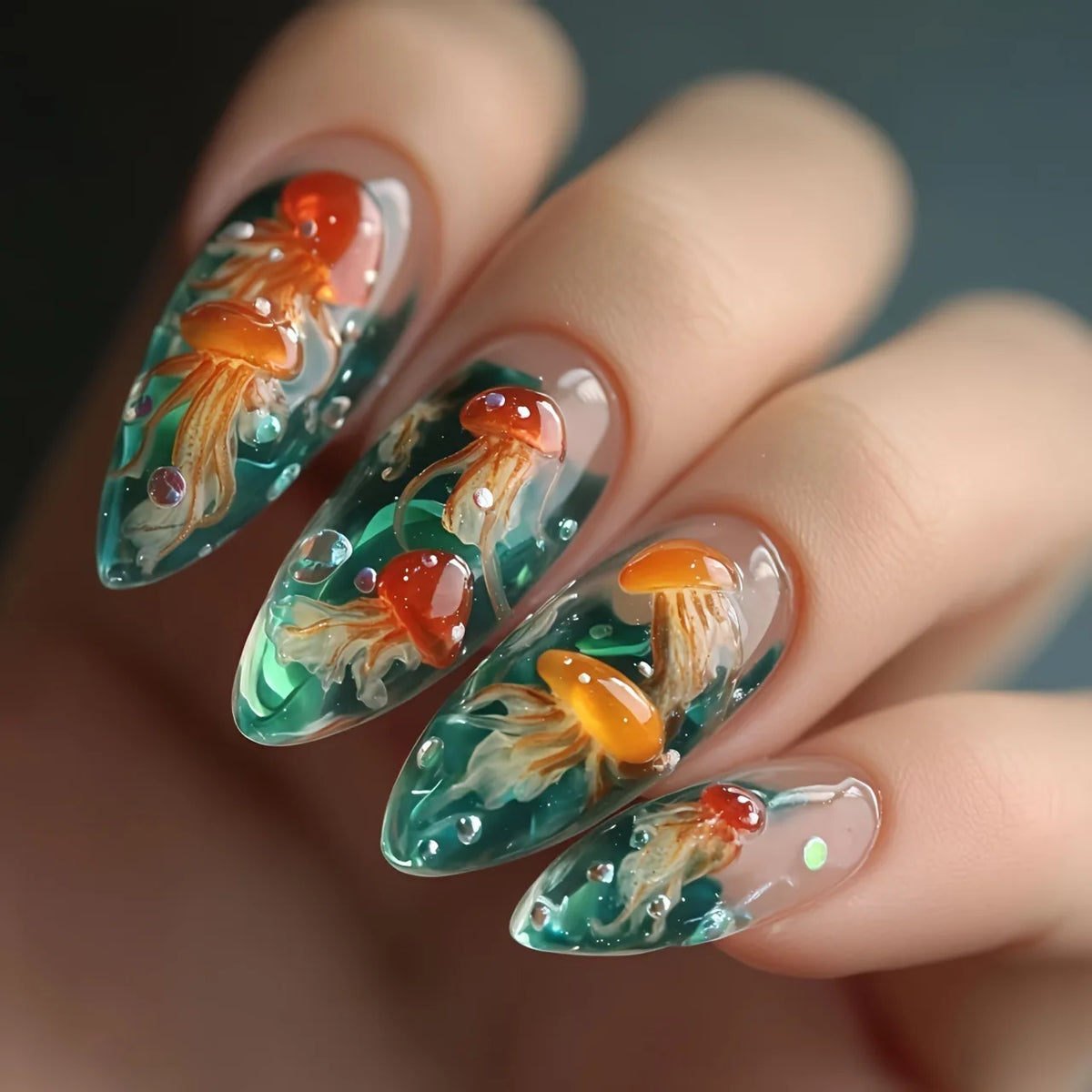 Colorful marine-themed nail artwork shown on hands