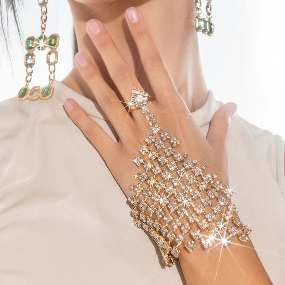Luxury Rhinestone Mesh Hand Chain Finger Bracelet