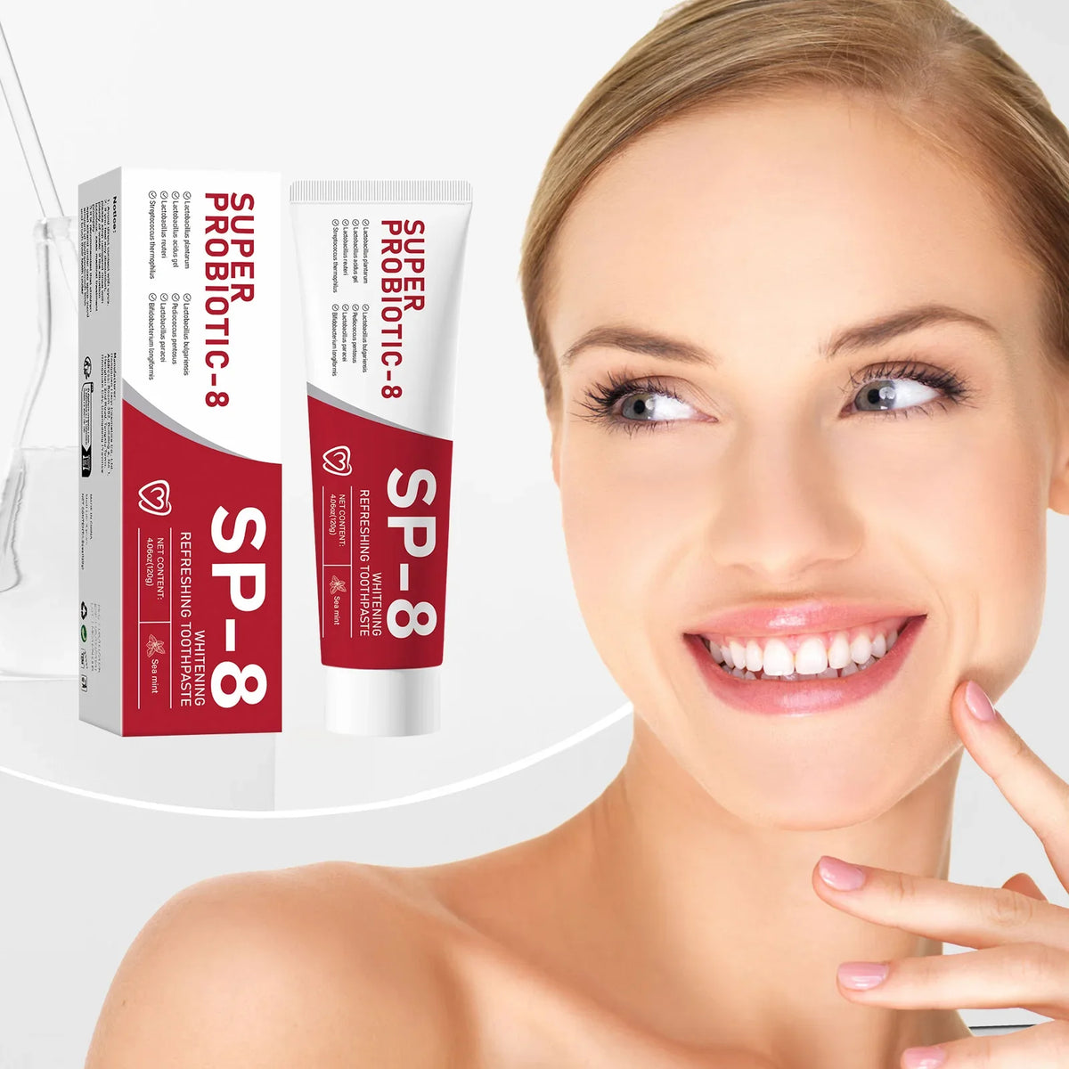 Probiotic toothpaste with ingredients and tooth brushing illustrations