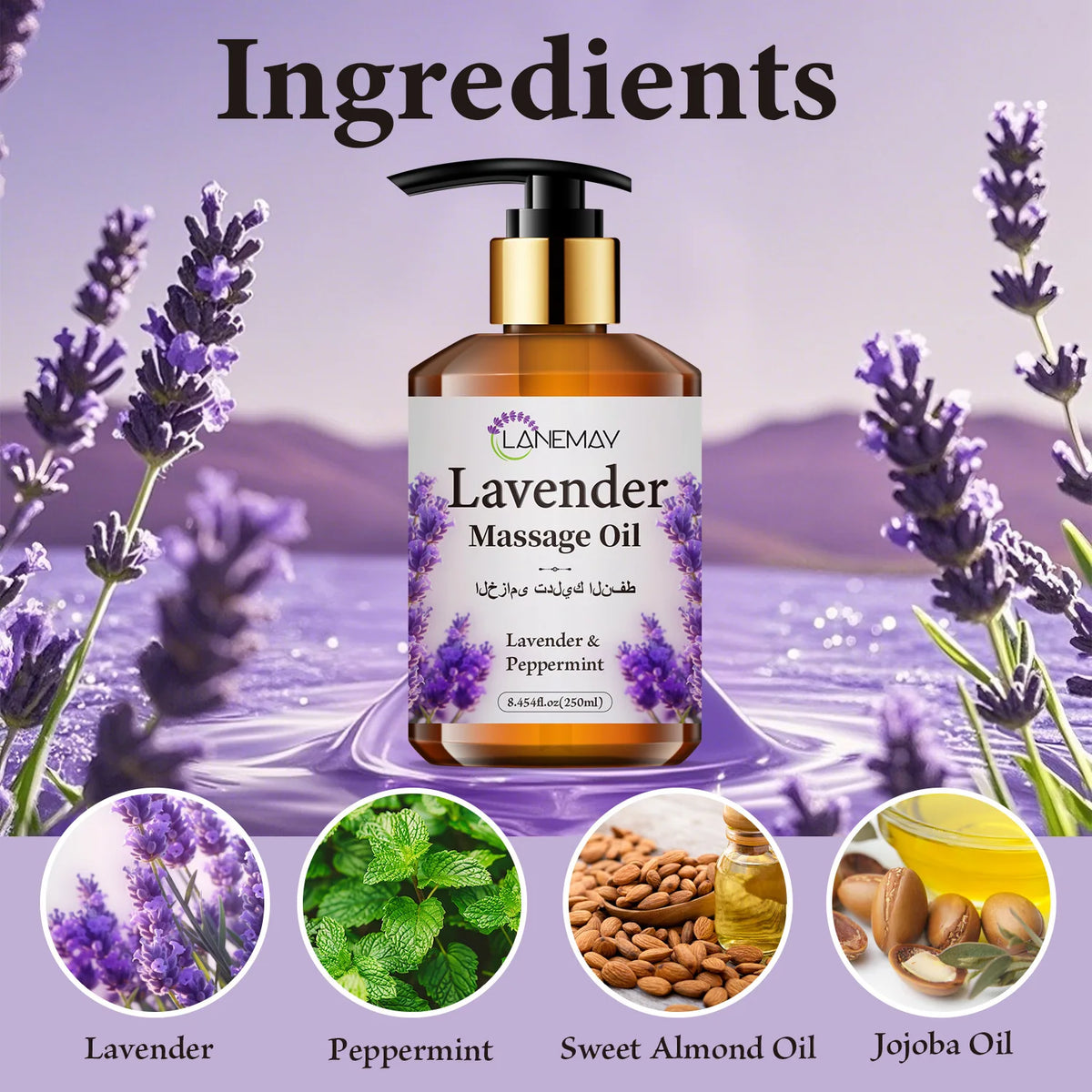 Lavender massage oil with ingredients and massage application illustrations