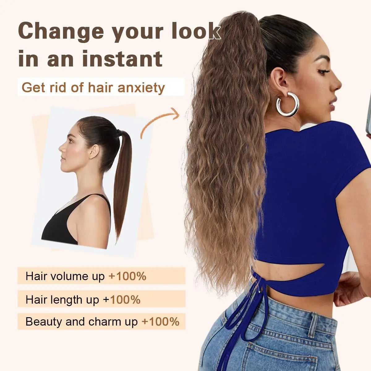 22 Inch Drawstring Ponytail Extension Soft Curly Wave 32 Colors