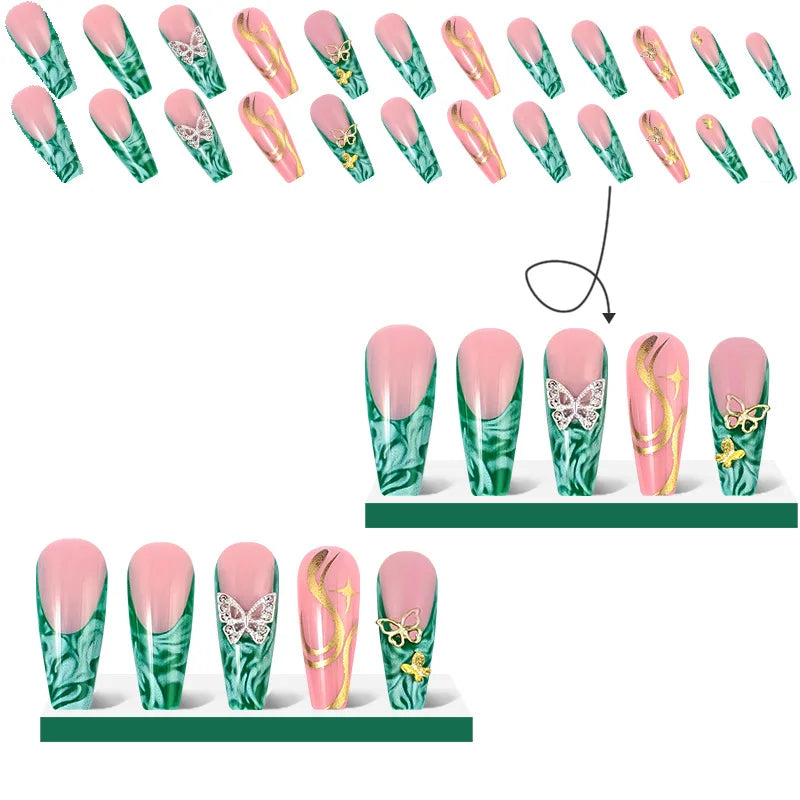 Green decorated press-on nails with set contents and design details