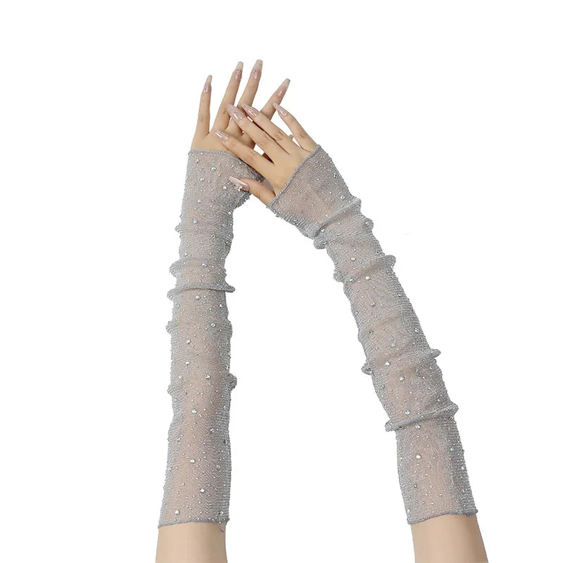Long Fingerless Rhinestone Mesh Gloves
