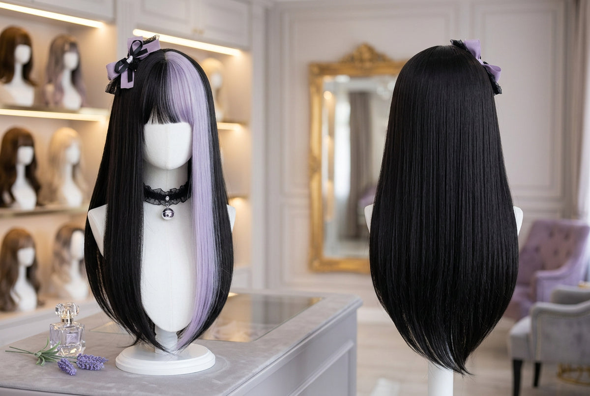 Cosplay wig shown with front, back or styling views